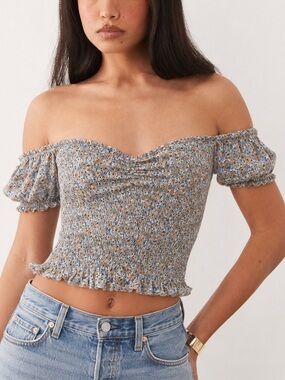 Be Cool Shirt Medium Blue Floral Smocked Off Shoulder Crop Top